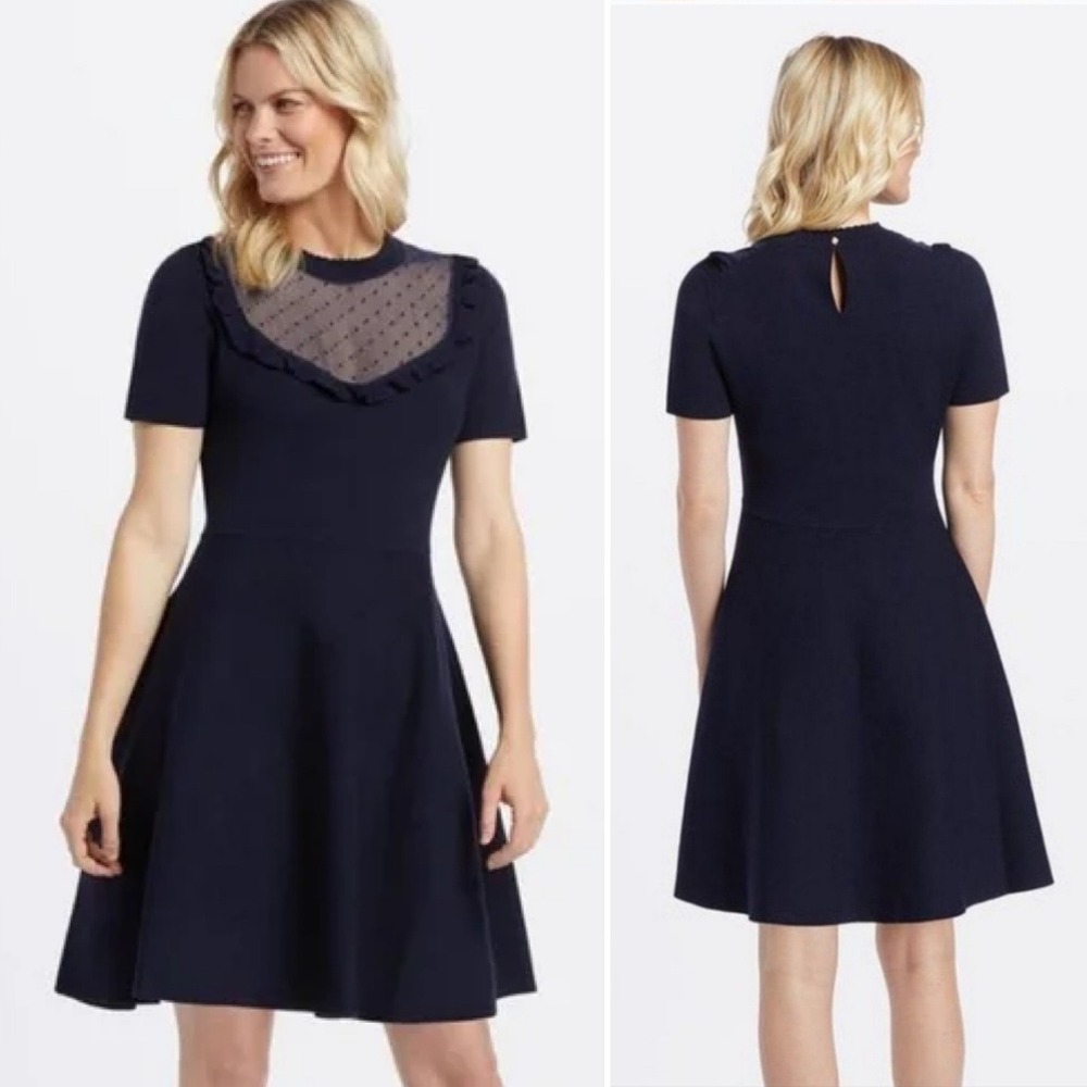 Draper James Sheer Yoke A-Line‎ Sweater Dress Small navy blue holiday party